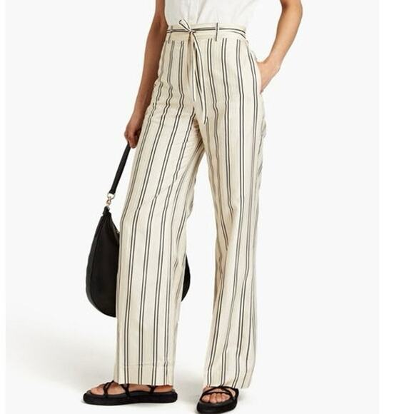 FRAME Silk Safari Pants Size 12 Cream Black Striped Jacquard Wide Leg Career - Picture 5 of 16